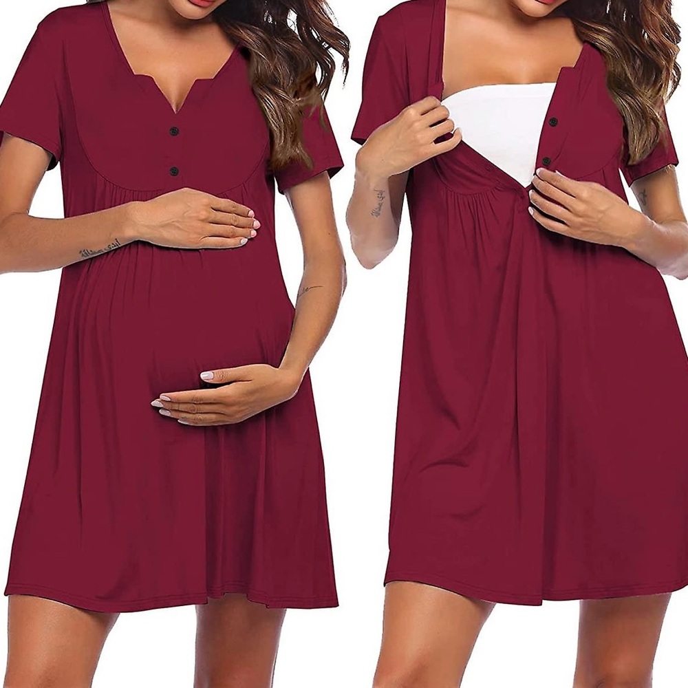 Ekouaer Short Sleeve Button Front Nursing Nightgown Labor and Delivery Red L